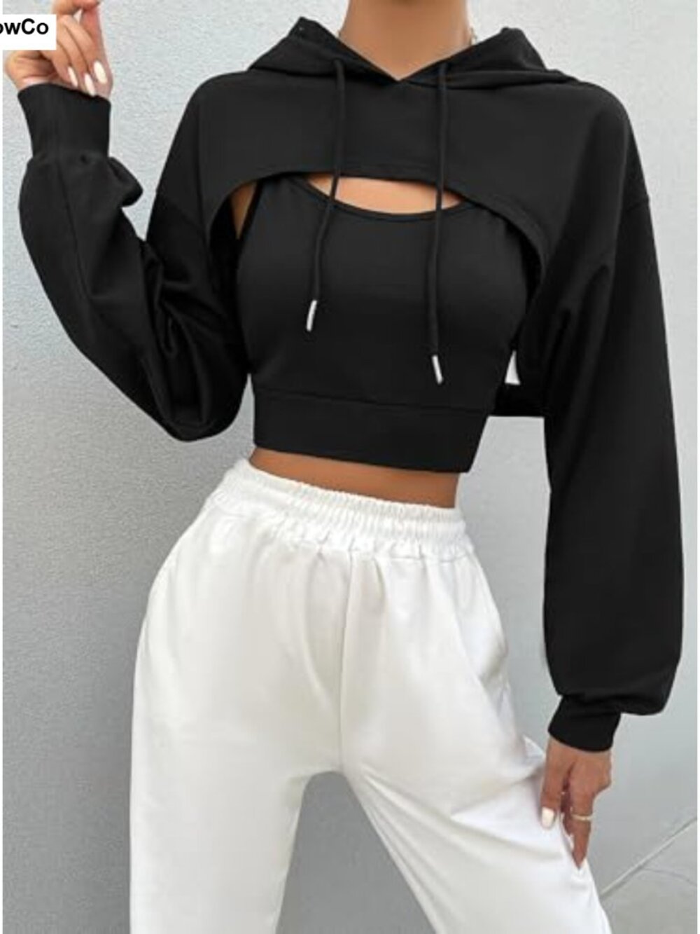 Women's Super Cropped Hoodie Long Sleeve Workout Top - 95% Polyester 5% Spandex - Picture 3 of 5